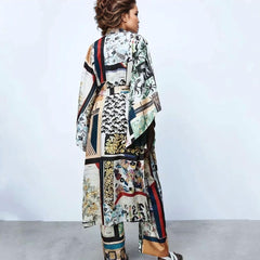Multicolor Floral and Geometrical Print Pants and Long Sleeve Kimono