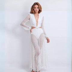 Long Sleeve Mesh High Waisted Plunging Neck One Piece Swimsuit and Mesh Maxi Skirt