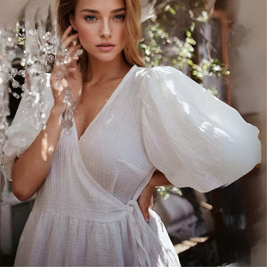 Silk Crepe De Chine Plunging Neck Bubble Sleeve Wrap Midi Dress
