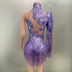 Ra Purple Asymmetrical Sequin & Fringe Festival Bodysuit – Hand-Beaded, One-Sleeve, Eye-Catching Rave & Burner Outfit