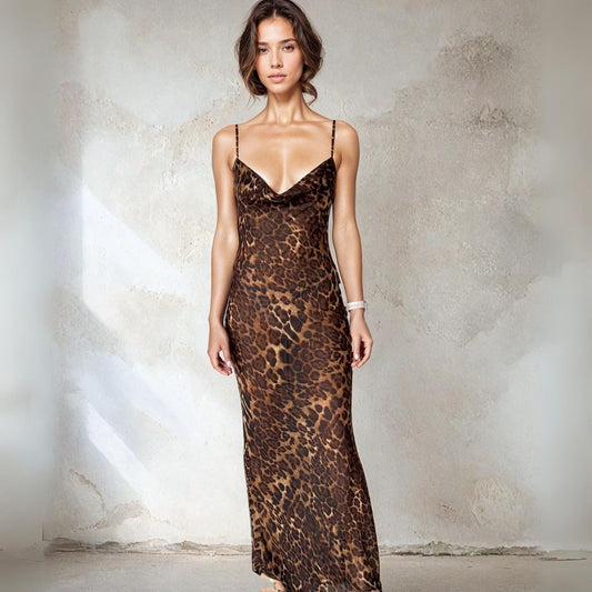 Leopard Print Cowl Neck Semi Sheer Open Back Maxi Dress