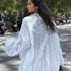 Eyelet Lace Long Sleeve Button Down Blouse and Double Hem Short Set