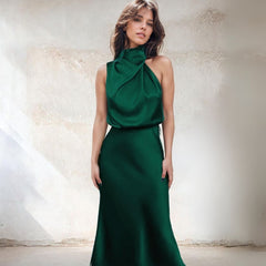 Satin Asymmetrical Sleeveless Midi Dress
