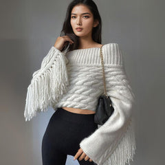 Knit Off the Shoulder Exaggerated Tassel Sweater