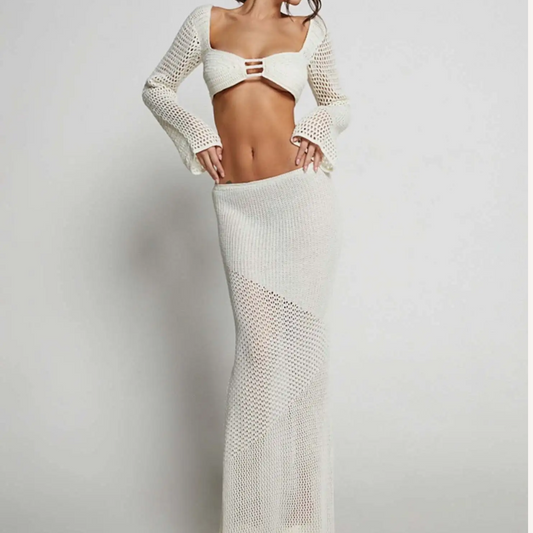 Knit Cut Out Long Sleeve Crop Top and Maxi Skirt Set