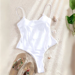 White Plunging Neck High Cut One Piece Swimsuit