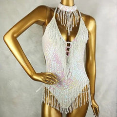 Ra Mermaid Shine Sequin & Beaded Fringe Festival Bodysuit & Choker Set – Hand-Beaded, Body-Flattering, Rave & Burner Outfit