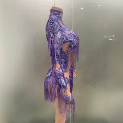 Ra Purple Asymmetrical Sequin & Fringe Festival Bodysuit – Hand-Beaded, One-Sleeve, Eye-Catching Rave & Burner Outfit