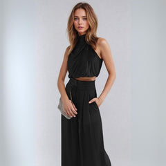Draped Silk Sleeveless Crop Top and Fitted Pleated Wide Leg Pant Set