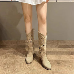 Vegan Suede Embroidered Cut Out Studded Cowboy Boots