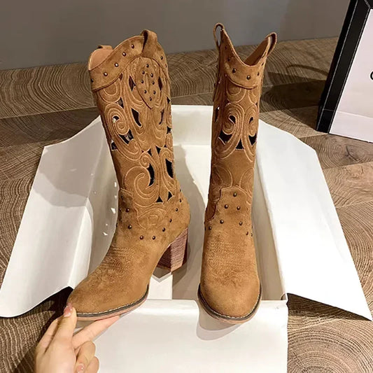 Vegan Suede Embroidered Cut Out Studded Cowboy Boots