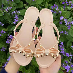 Studded Bow PVC Jelly Flip Flop Sandals