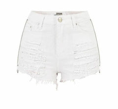 White Destroyed Ripped Side Zipper Denim Shorts