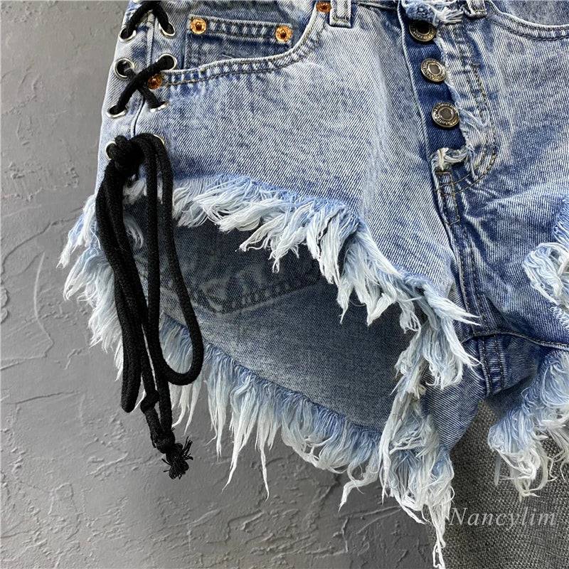 Destroyed Frayed Lace Up Button Fly Denim Shorts