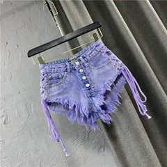 Purple Destroyed Lace Up Sides Denim Shorts