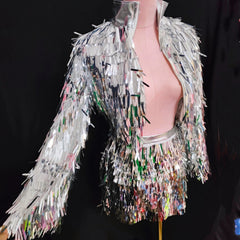 Holographic Silver Fringe Sequin Crop Jacket and Mini Skirt Set