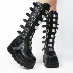 Edgy Knee-High Burner Festival Boots for Women – Buckles & Platform Heel