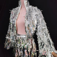 Holographic Silver Fringe Sequin Crop Jacket and Mini Skirt Set