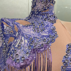 Ra Purple Asymmetrical Sequin & Fringe Festival Bodysuit – Hand-Beaded, One-Sleeve, Eye-Catching Rave & Burner Outfit