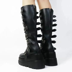 Edgy Knee-High Burner Festival Boots for Women – Buckles & Platform Heel