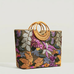 Circular Handle Floral Knit Sequin Tote Bag