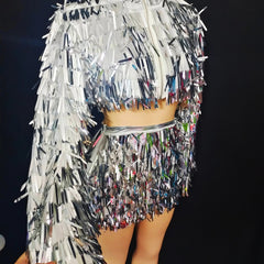 Holographic Silver Fringe Sequin Crop Jacket and Mini Skirt Set