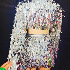 Holographic Silver Fringe Sequin Crop Jacket and Mini Skirt Set