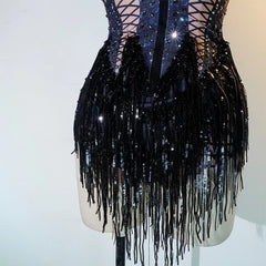 Ra Lace Up Corset Illusion Fringe Bum Festival Bodysuit – Hand-Sequined, Flirty Skirt, Rave & Burner Outfit