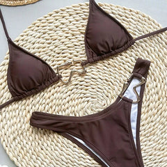 Bold Brown Triangle Bikini with Irregular Hardware – Halter High Cut