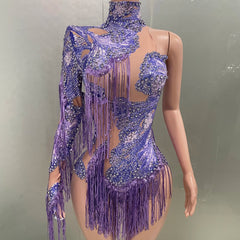 Ra Purple Asymmetrical Sequin & Fringe Festival Bodysuit – Hand-Beaded, One-Sleeve, Eye-Catching Rave & Burner Outfit