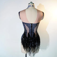 Ra Lace Up Corset Illusion Fringe Bum Festival Bodysuit – Hand-Sequined, Flirty Skirt, Rave & Burner Outfit