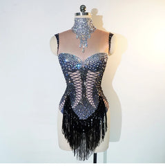 Ra Lace Up Corset Illusion Fringe Bum Festival Bodysuit – Hand-Sequined, Flirty Skirt, Rave & Burner Outfit