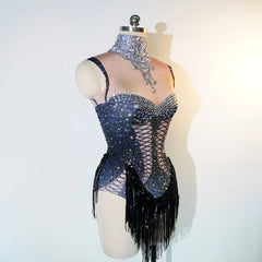 Ra Lace Up Corset Illusion Fringe Bum Festival Bodysuit – Hand-Sequined, Flirty Skirt, Rave & Burner Outfit