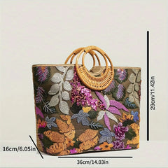 Circular Handle Floral Knit Sequin Tote Bag