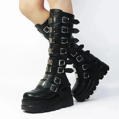 Edgy Knee-High Burner Festival Boots for Women – Buckles & Platform Heel