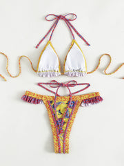 Vintage Print Cut Out Ruffle Hem High Waist String Bikini - Ra The Boutique