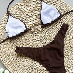 Bold Brown Triangle Bikini with Irregular Hardware – Halter High Cut