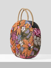 Straw Handle Round Floral Knit Sequin Tote Bag