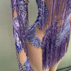 Ra Purple Asymmetrical Sequin & Fringe Festival Bodysuit – Hand-Beaded, One-Sleeve, Eye-Catching Rave & Burner Outfit