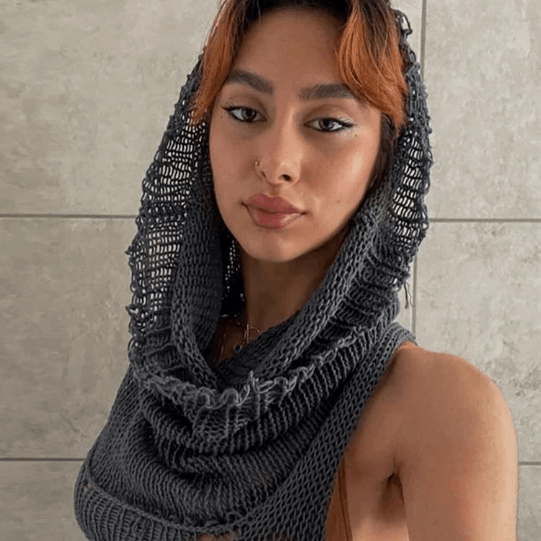 Destroyed Knit Crop Sleeveless Top With Hood