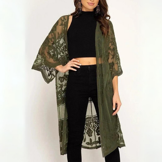 Sheer Lace Open Front Kimono Style Beach Cover Up