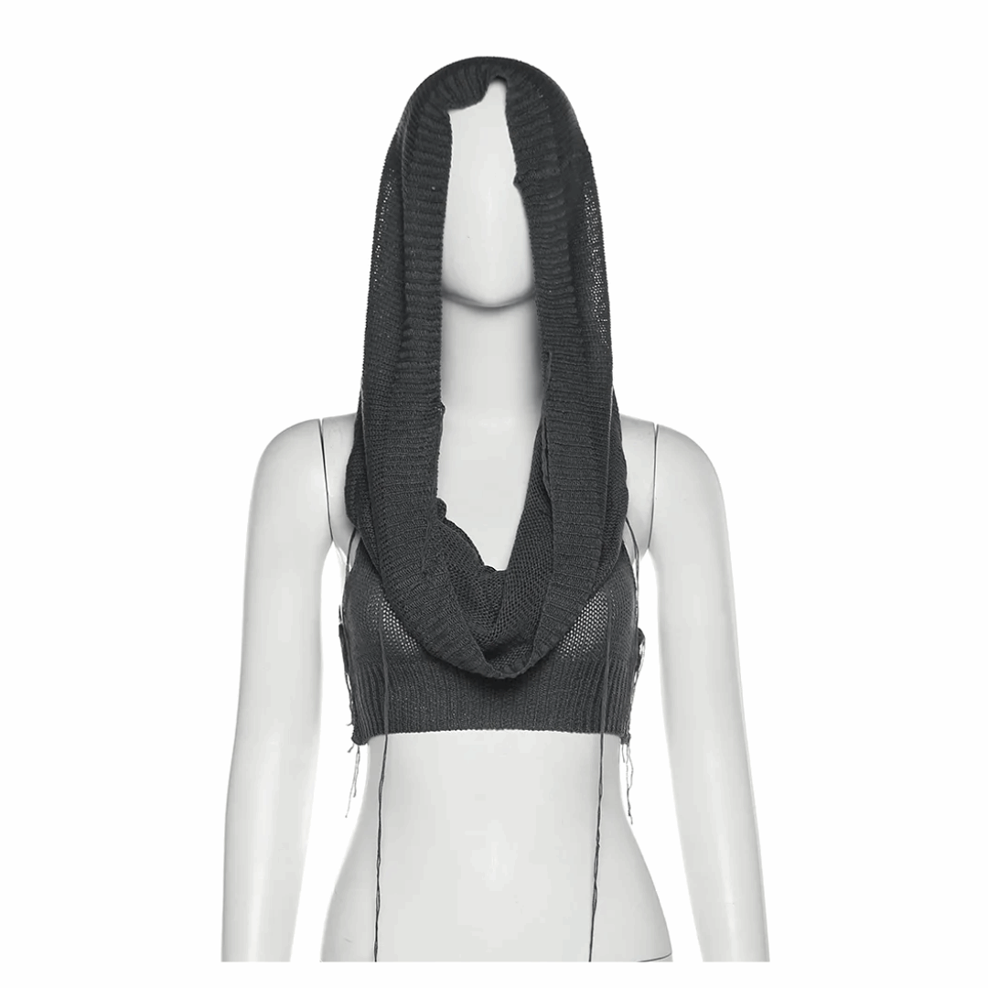 Destroyed Knit Crop Sleeveless Top With Hood
