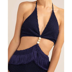 Cut Out Bead and Fringe One Piece Swimsuit