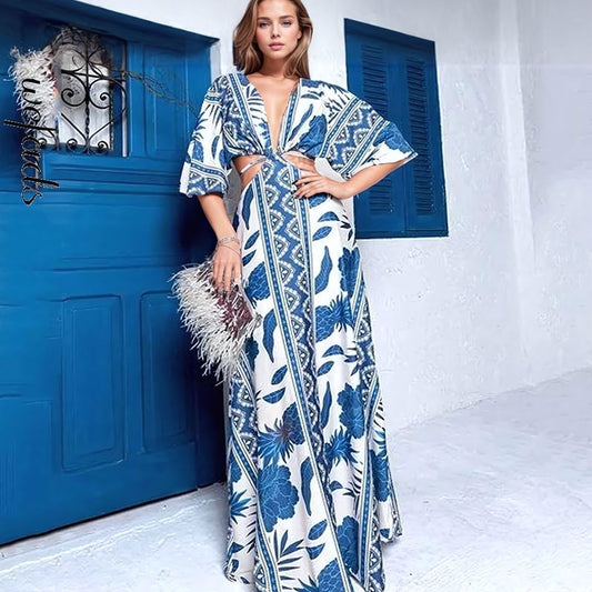 Tropical Print Plunging Cut Out Maxi Dress - Ra The Boutique - Maxi Dresses - #tag1# - #tag2#