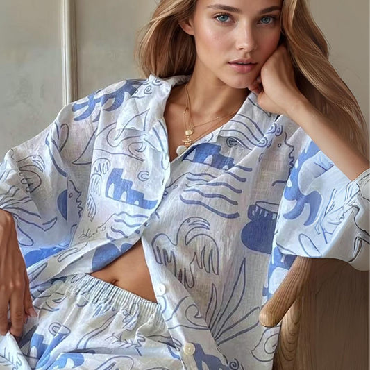Oversized Printed Button Down Short Sleeve Blouse and Short Set