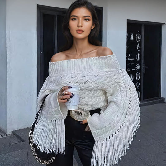 Knit Off the Shoulder Exaggerated Tassel Sweater