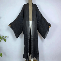 Cotton Raw Hem Semi Sheer Kimono Style Beach Cover Up