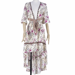 Boho Plunging Floral Print Cut Out High Low Hem Midi Dress