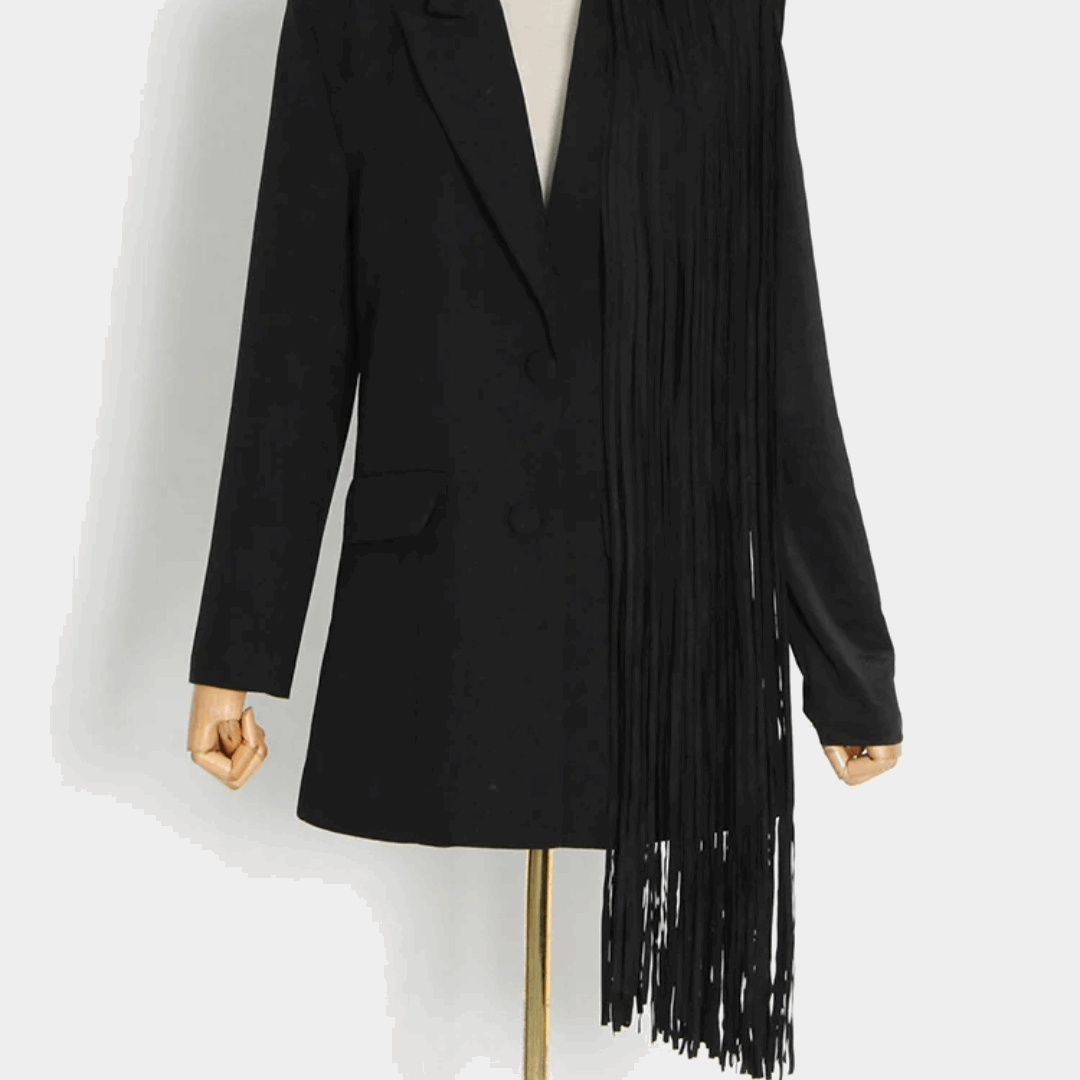 Black Relaxed Fit Long Blazer with Asymmetrical Fringe