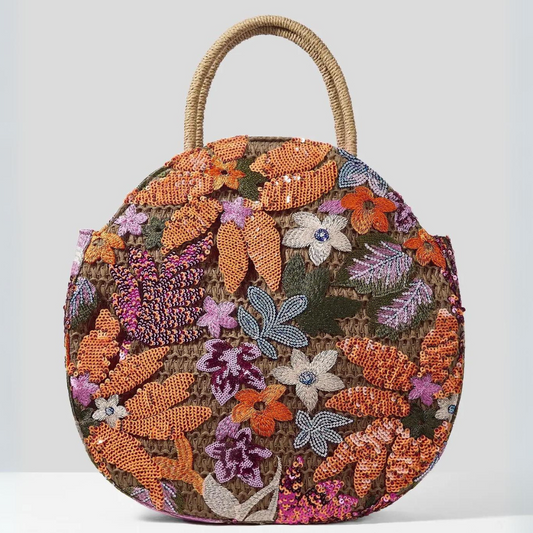 Straw Handle Round Floral Knit Sequin Tote Bag